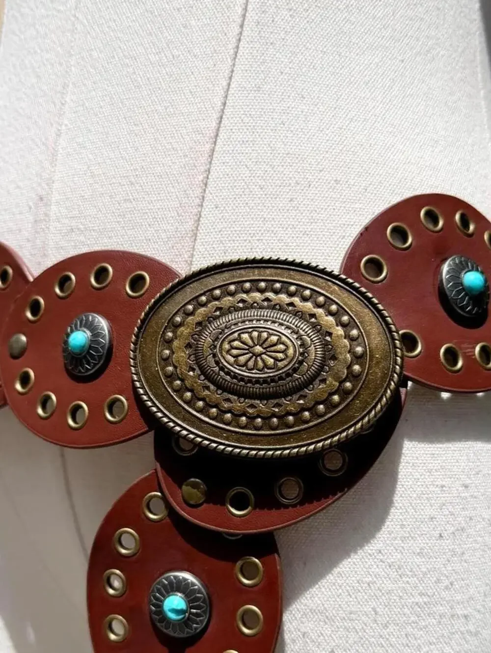 Y2K brown faux leather belt with turquoise and bronze conchos